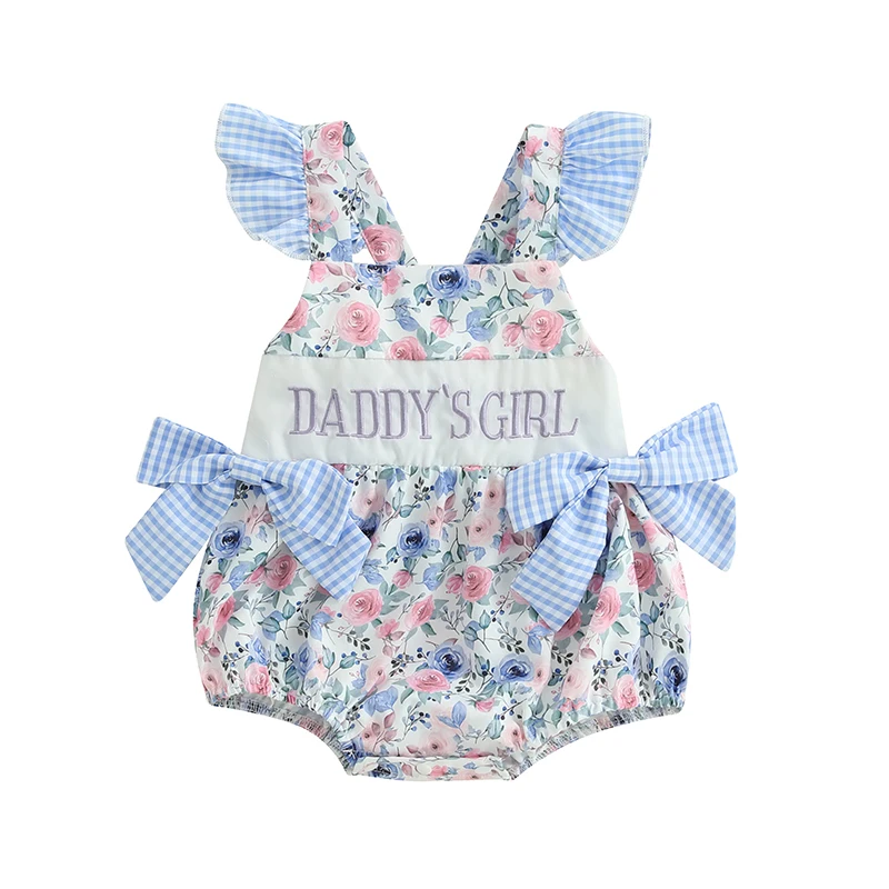 Baby Girls Romper, Fly Sleeve Flower Print Embroidery Letters Bow Infant Bodysuit Summer Clothes for Casual Daily
