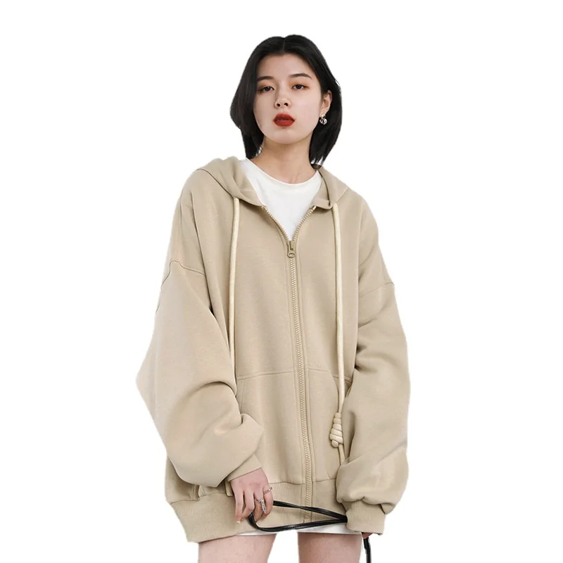 

Autumn Casual Loose Hooded Thick Hat Rope Air Layer Sweater Coat Womens Medium Long Top