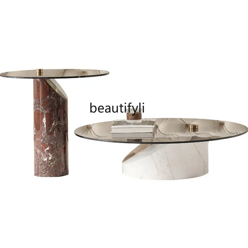 

Cream Silent Style Natural Stone round Coffee Table Size Combination Nordic Retro Coffee Table Tempered Glass furniture