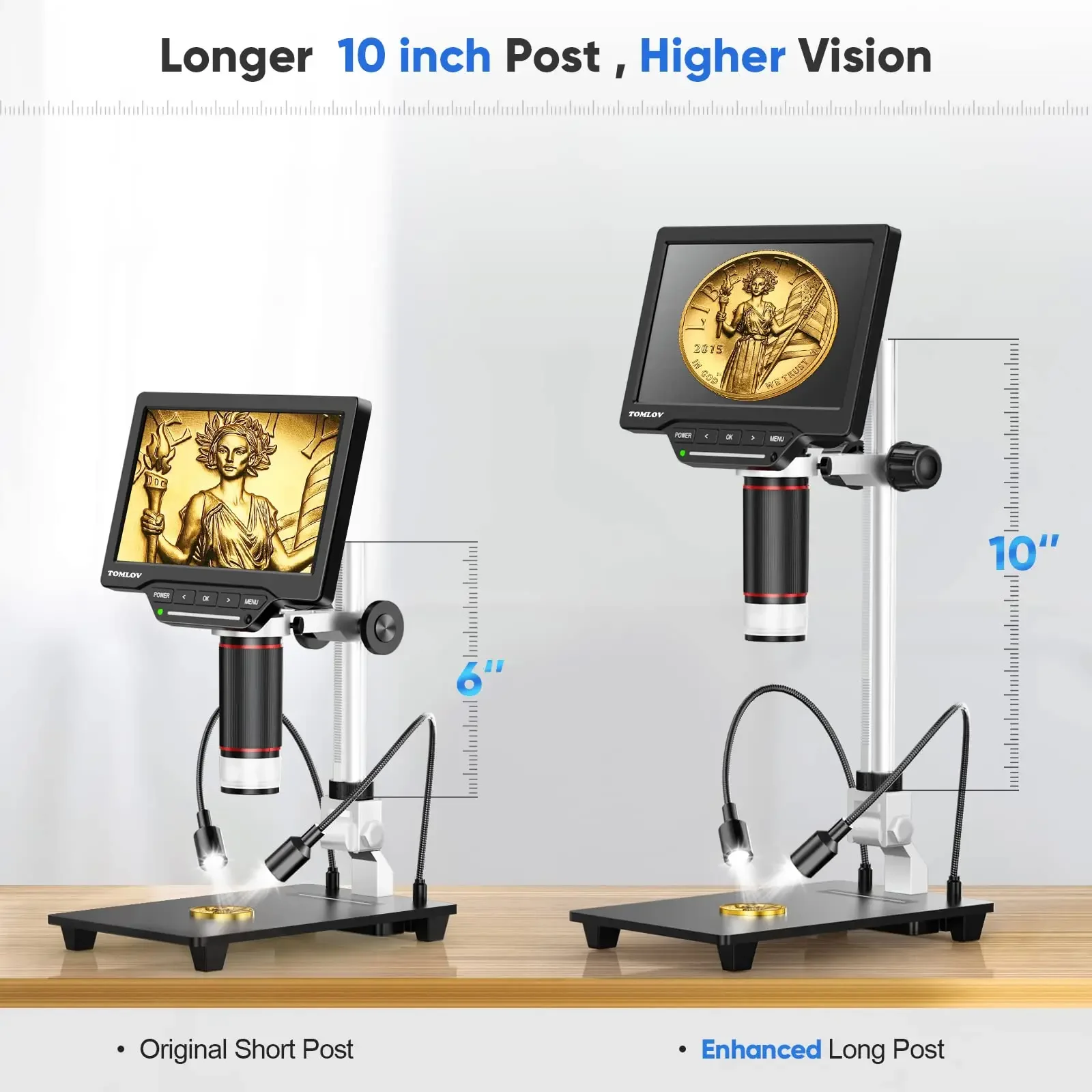 TOMLOV Microscope Base With LED Lights Universal Adjustable Aluminium Alloy Stand Holder For Digital Microscopes Diameter 1.4"