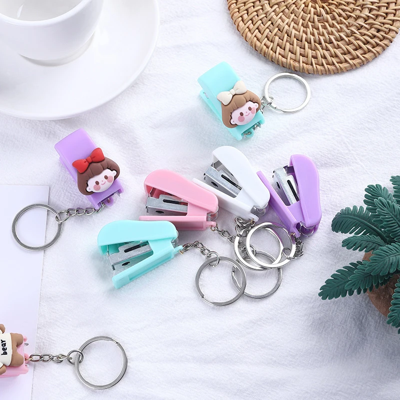Macaron Color Cute Cartoon Mini Stapler Key Chain Student Creative stapler Key Ring Pendant
