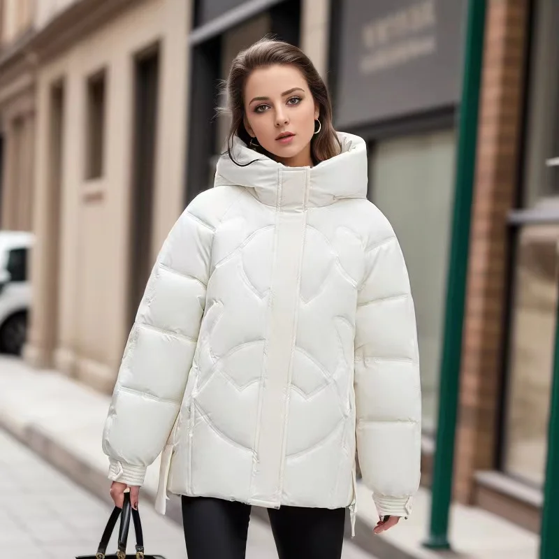

2023 Winter Cold Coat Fashion Loose Hooded Pockets Women's Zippers Jacket Vintage Soft Warm Long-Sleeved Down Cotton Coat New