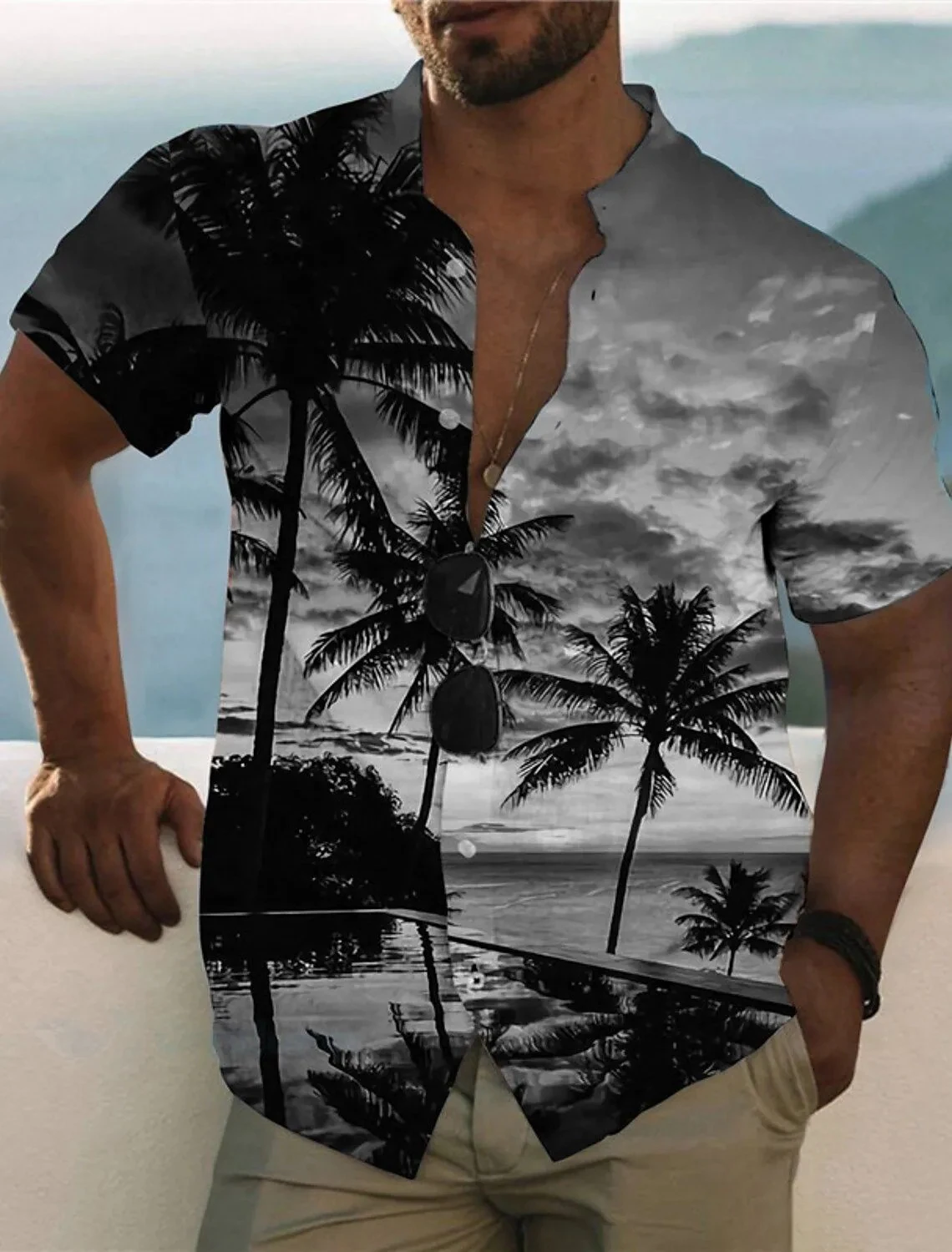 thumbnail image 1 of Camisa hawaiana de verano con diseño de árbol de coco, camisa unisex con cuello vuelto de palmera, ropa de calle para exteriores, estilo Harajuku, de manga corta, con botones para hombre, 1 of 5