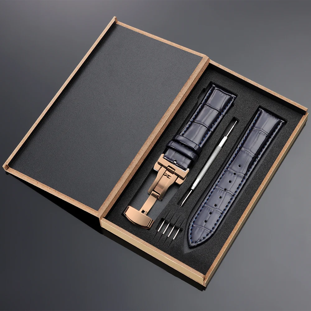 Vintage Leather Watch Band with Wooden Box and Butterfly Clasp