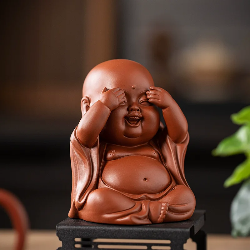 Ceramic Laughing Buddha Statue for Wealth, Three No Evil Maitreya Figurine, Zen Desk Decor for Home Office Entryway Tea Table