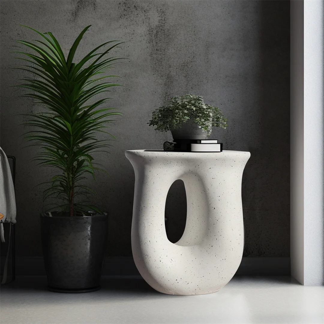 LUVODI Modern U-Shaped Geometric Concrete Accent Table Lightweight Garden Stool Decorative Side Table for Indoor And Outdoor Use