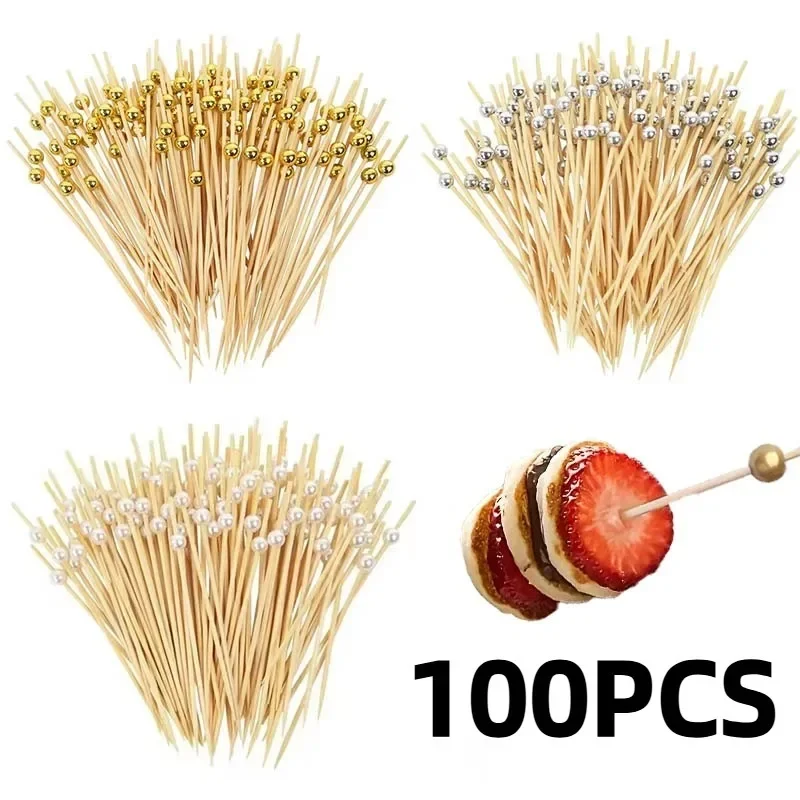 Gold Silvery White Pearl Bamboo Skewers 100PCS For Party Cake Dessert Cocktail Food