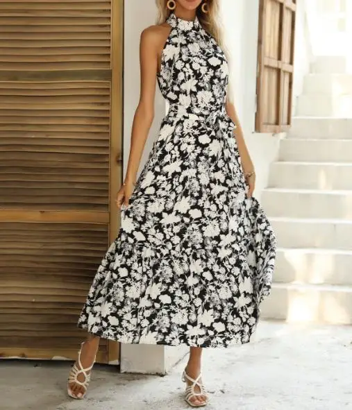 

Summer European and American French Style Neck Hanging Sleeveless Split Print Sexy Dress