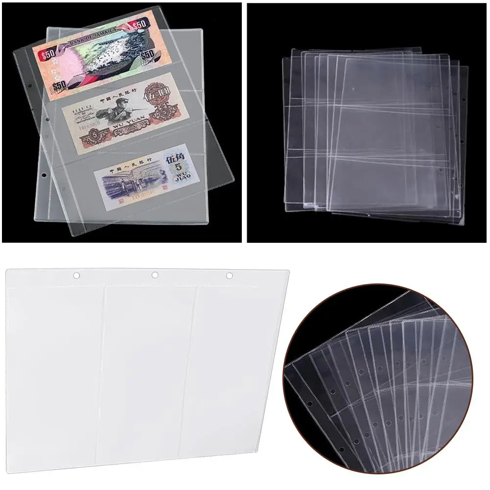 

10pcs Loose Leaf Sheet 3-Slot Transparent Banknotes Money Paper Paper Holder Collection Album Protective Portable Bag Money P1E1