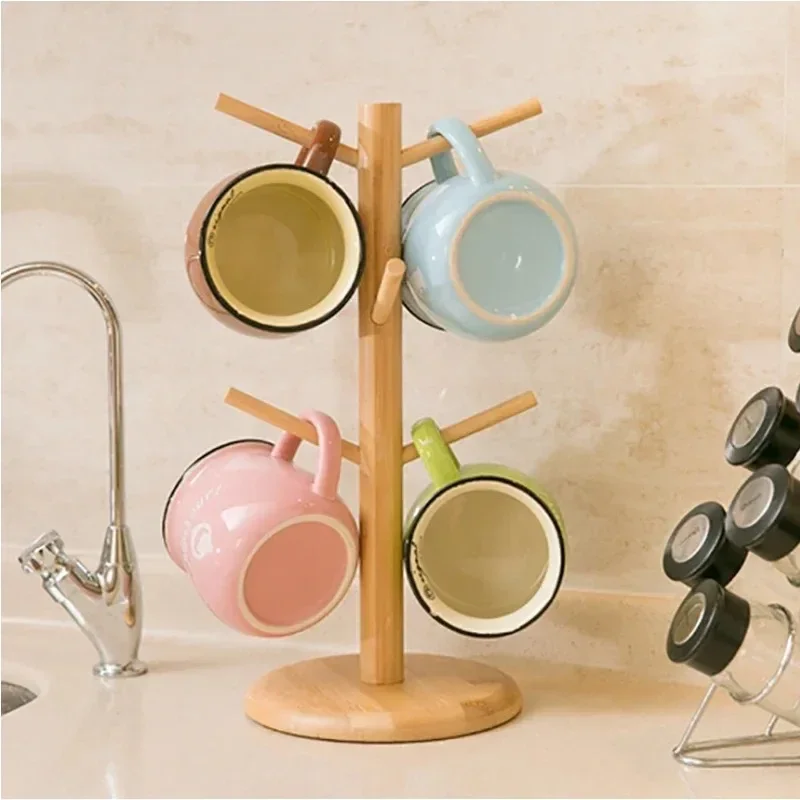 Tree Shape Wood Coffee Tea Cup Storage Holder Stand Mug Hanging Display Rack Drinkware Shelf 6 Hooks Home Kitchen 1 Set cup storage holder