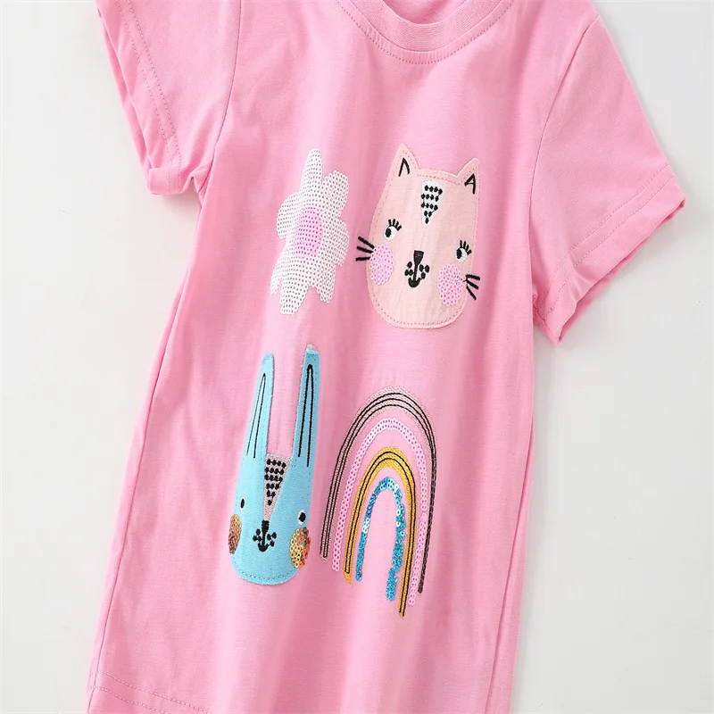 Jumping Meters 2-7T Animals Embroidery Summer Girls T Shirts Short Sleeve Kids Tees Tops Baby Costume Children's Clothes Shirts 3