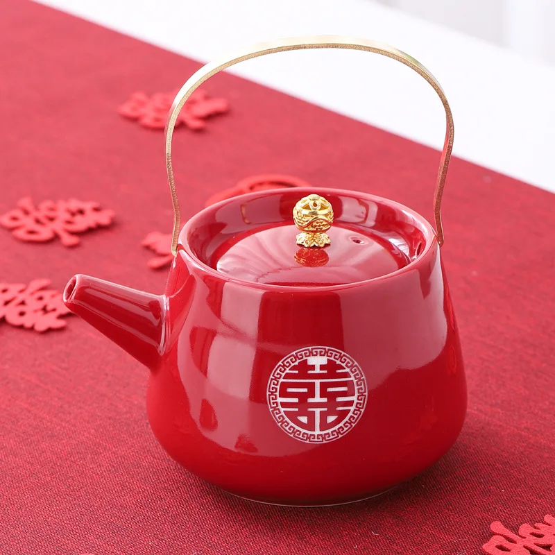 Chinese Style Red Ceramic Teapot, Kung Fu Household Supplies, Celebratory Wedding Banquet Supplies, Metal Handle Tea Pots, 1Pc