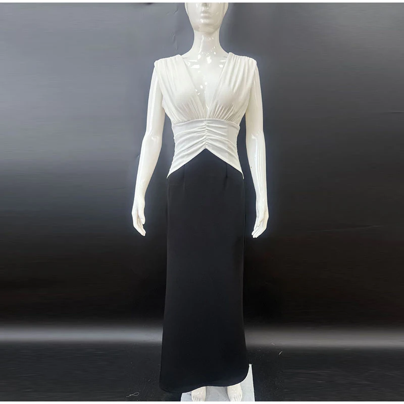 Vestido elegante sin mangas con escote en V profundo y patchwork para mujer, vestido plisado sin espalda, ajustado, para fiesta de verano 2025, para mujer, de noche.