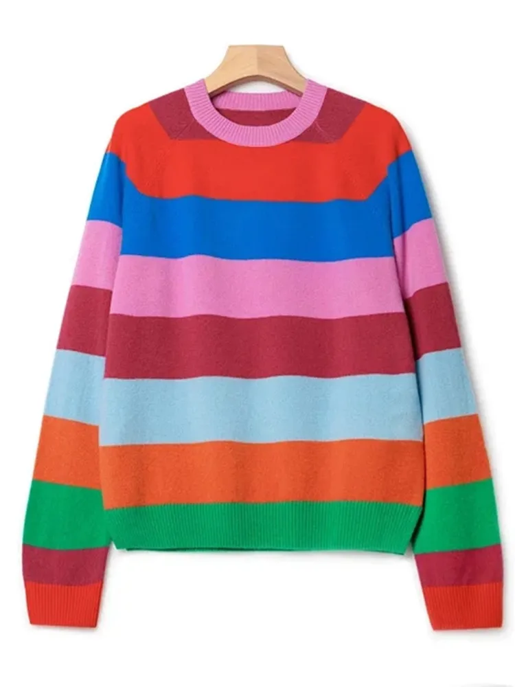 

Women's Rainbow Striped Knit Sweater 2023 Autumn Winter Wool Cashmere Blends Round Neck Long Sleeve Jumper for Female