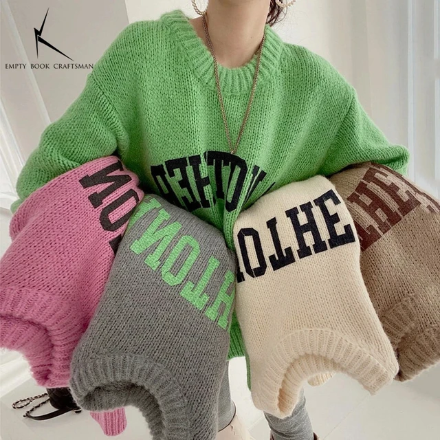 Korean Fashion Autumn and Winter Candy Color Sweater Pullovers for Women Loose Oversized Sweater Letter Knitted Pullovers O Neck 1