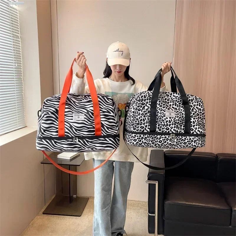 

Pull New Handbag Print And Travel Luggage Dry Women's Zebra Bag Wet Leopard Fitness Waterproof Boarding Rod Separation Large Bag