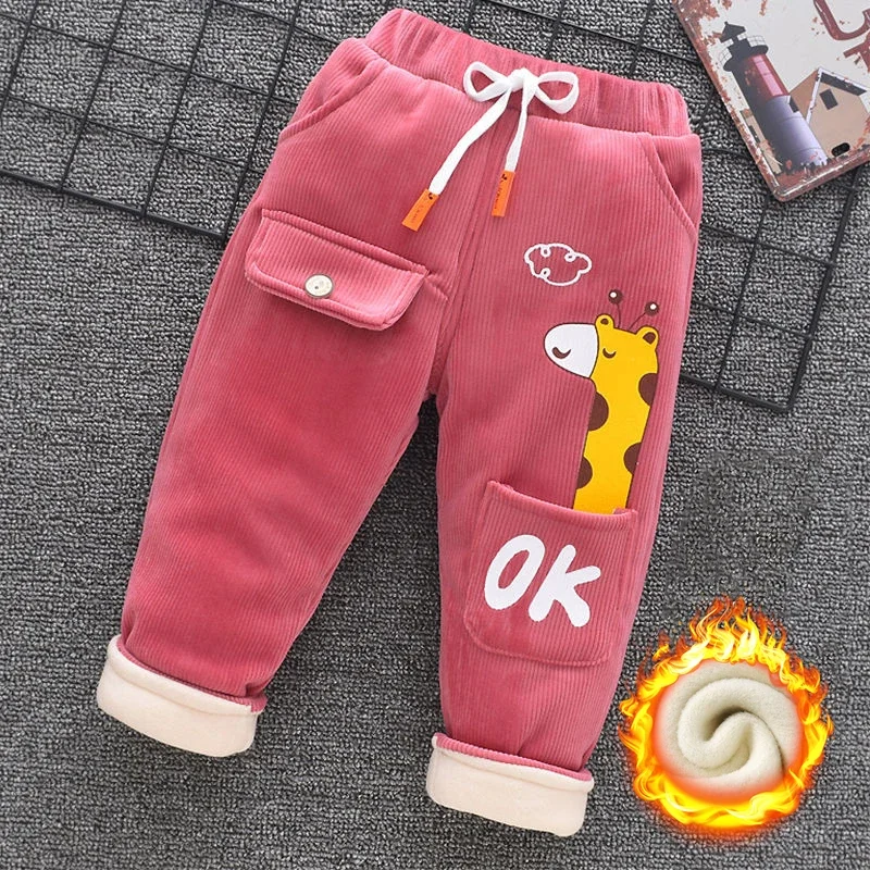 Winter Kids Pants 0-7Y Children Clothing Autumn Baby Girl Plus Velvet Leggings Boys Embroidery Cartoon Thick Warm Trousers