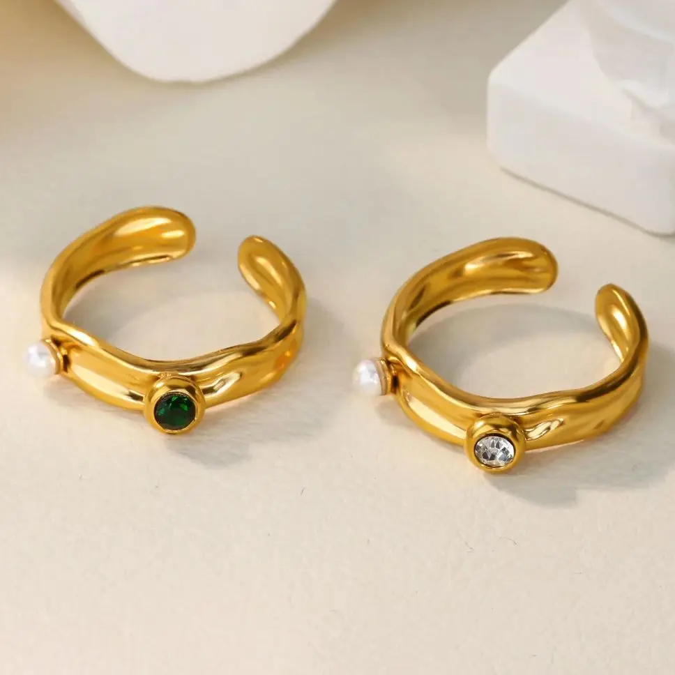 Zircon Pearl Rings Women Gold Stainless Steel Adjustable