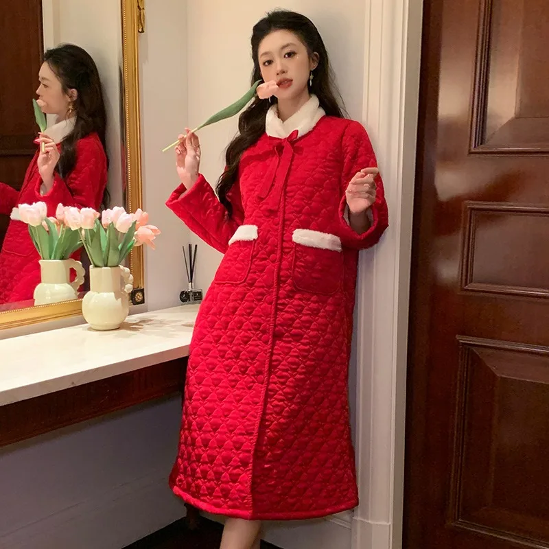 SXTHAENOO Women's Fashion Warm Nightgown Satin Loose Nightdress Long Robe Winter Thickened Stand Collar Long sleeve Nightwear