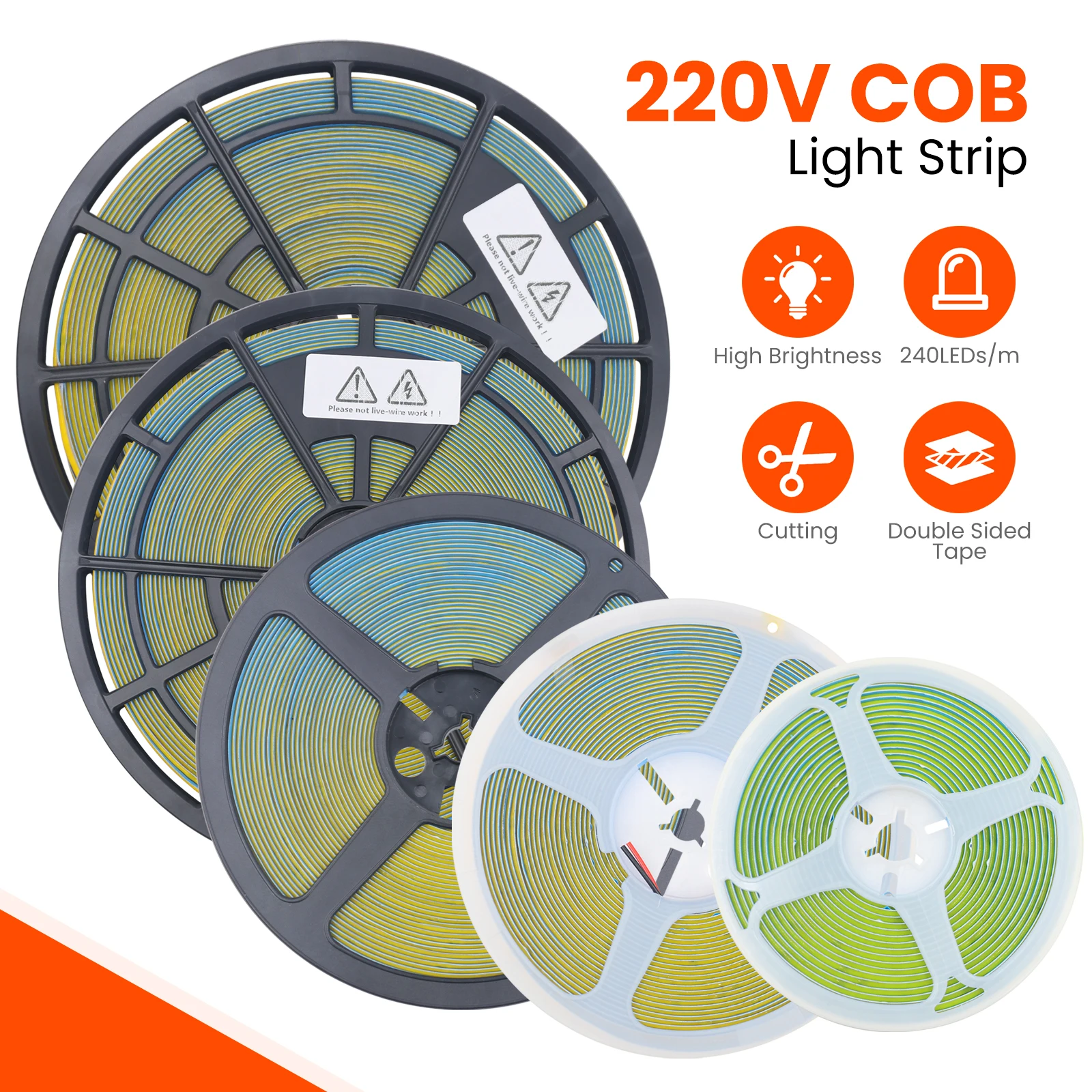 220 V, 5 m, 10 m, 15 m, 20 m, 50 m, COB-LED-Streifen, hohe Dichte, 8 mm PCB, 240 LEDs/m, weiß/warmweiß, schneidbares und flexibles Band-Licht – Detail 2