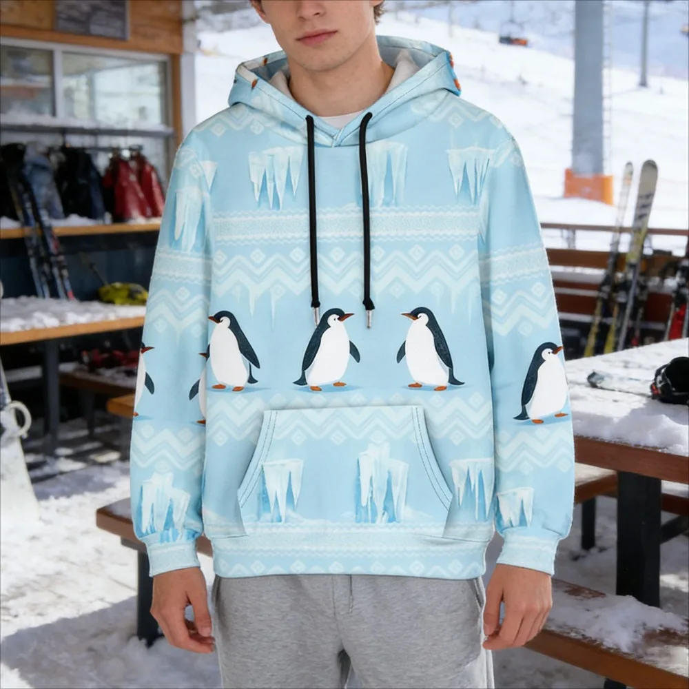 Lustiger Herren-Winter-Hoodie mit Cartoon-Pinguin-Muster, lässiges Kapuzen-Sweatshirt, bequemer Pullover für Outfits zum Schneetag