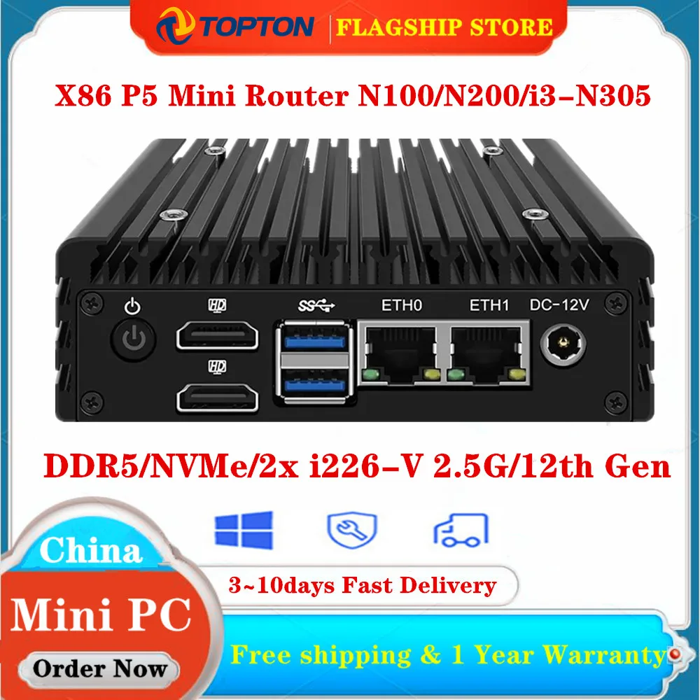 Topton X86 P5 2x i226-V 2.5G Fanless Mini PC Firewall Router 12th Gen Intel i3-N305 N100 DDR5 4800MHz 2x HDMI2.1 Proxmox Server 2