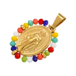 Elegant Virgin Mary Pendant Necklace | Stainless Steel Pearl Beaded Choker in Gold and Rainbow Tones (Gold Colorful)