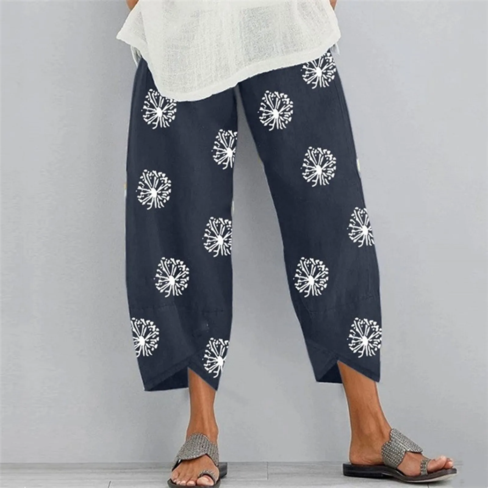 

Women Casual Fashion Print Trousers Vintage Flowers Print Elastic Waist Cotton Linen Harem Pants Loose Joggers With Pockets