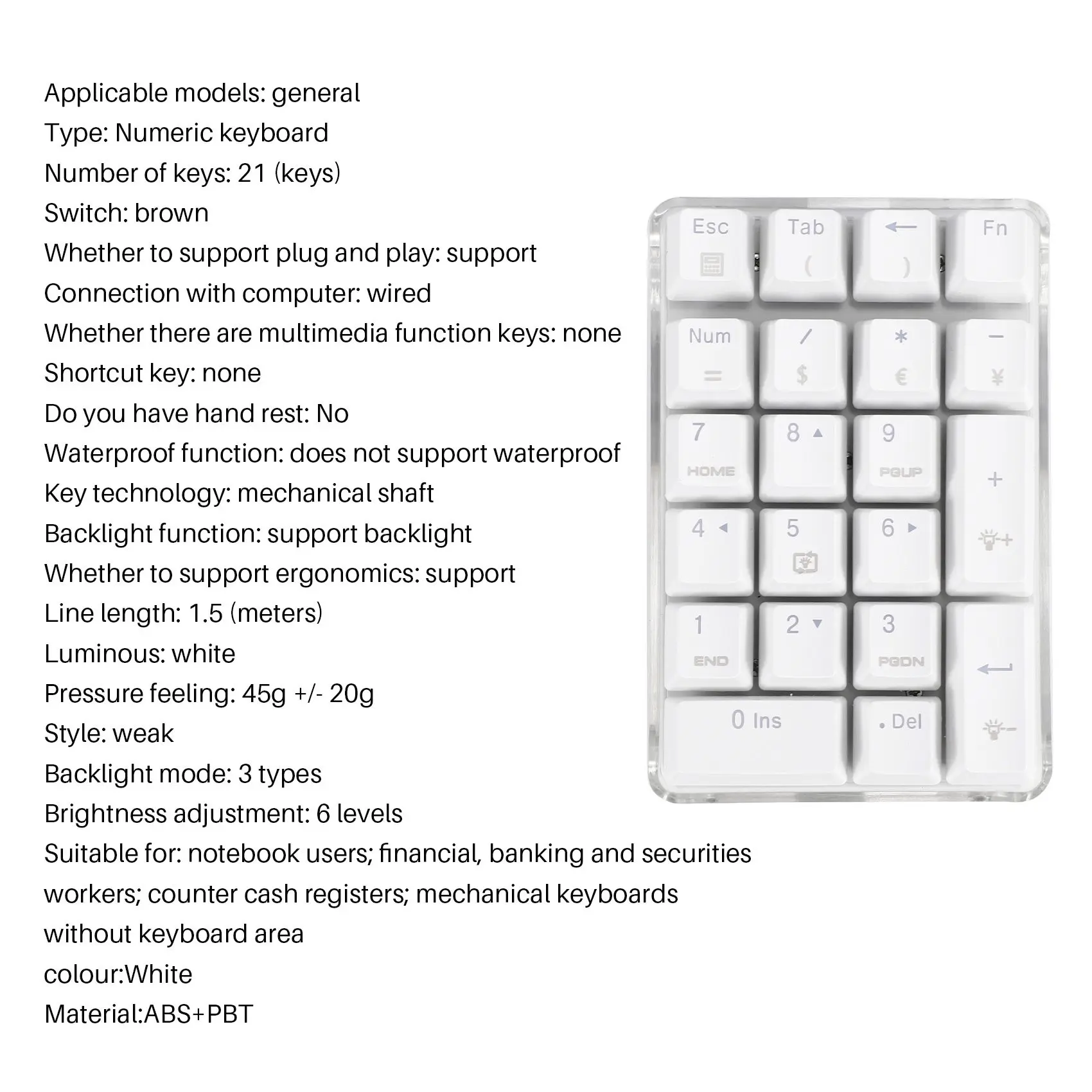 

Mechanical Numeric Keypad GATERON Brown Switch Wired Gaming Keypad Crystal Case White Backlit 21 Keys Mini Numpad Keypad