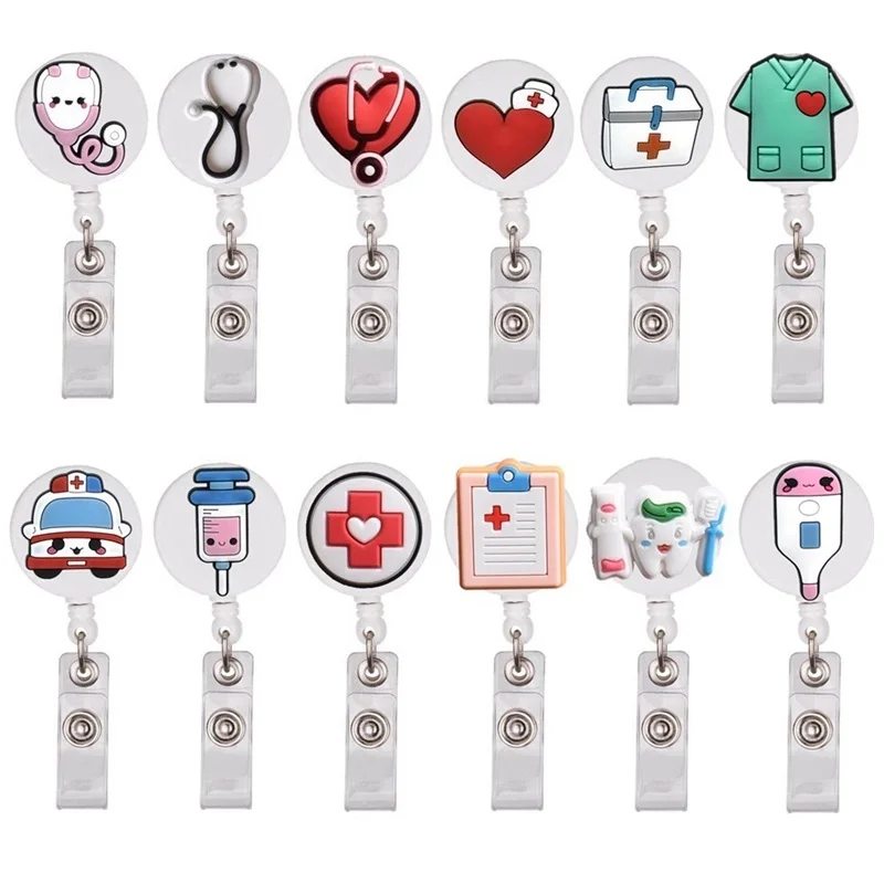Retractable Nurse Doctor Cartoon Silicone Badge Reel Clips Hospital Medical Students ID Name Card Holder 1 Piece Keychain Brooch