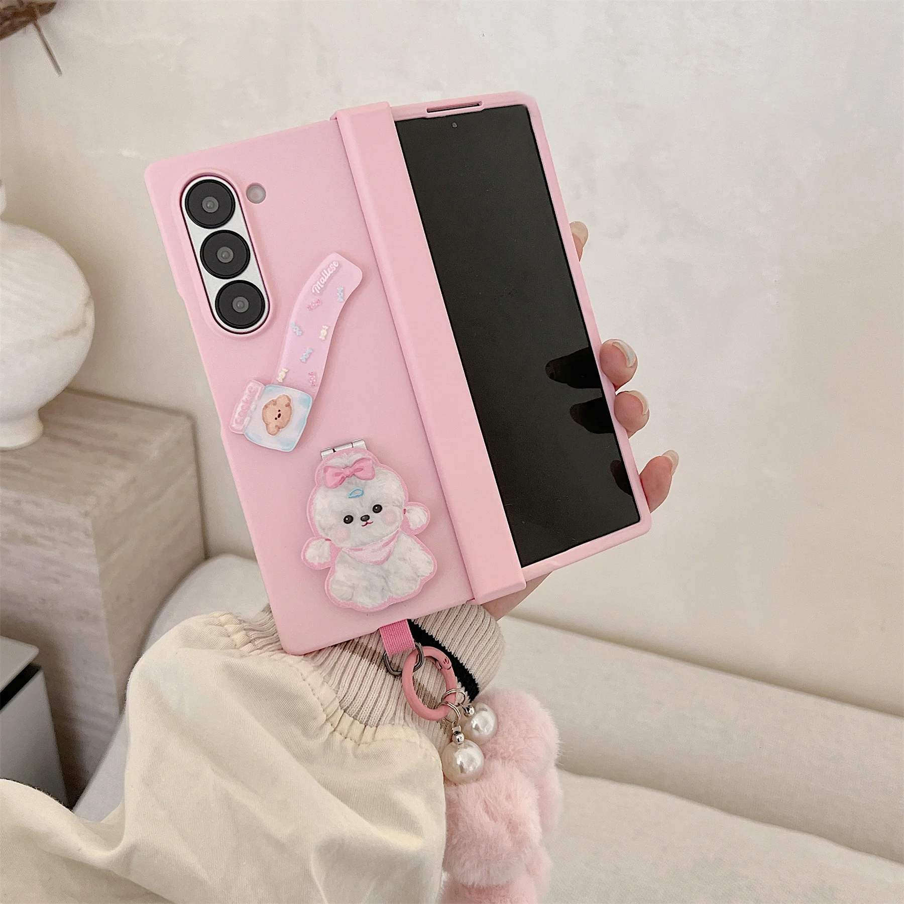 Chic Pink Case with Bow, Puppy Bracket, Hairball, and Pearl Bracelet