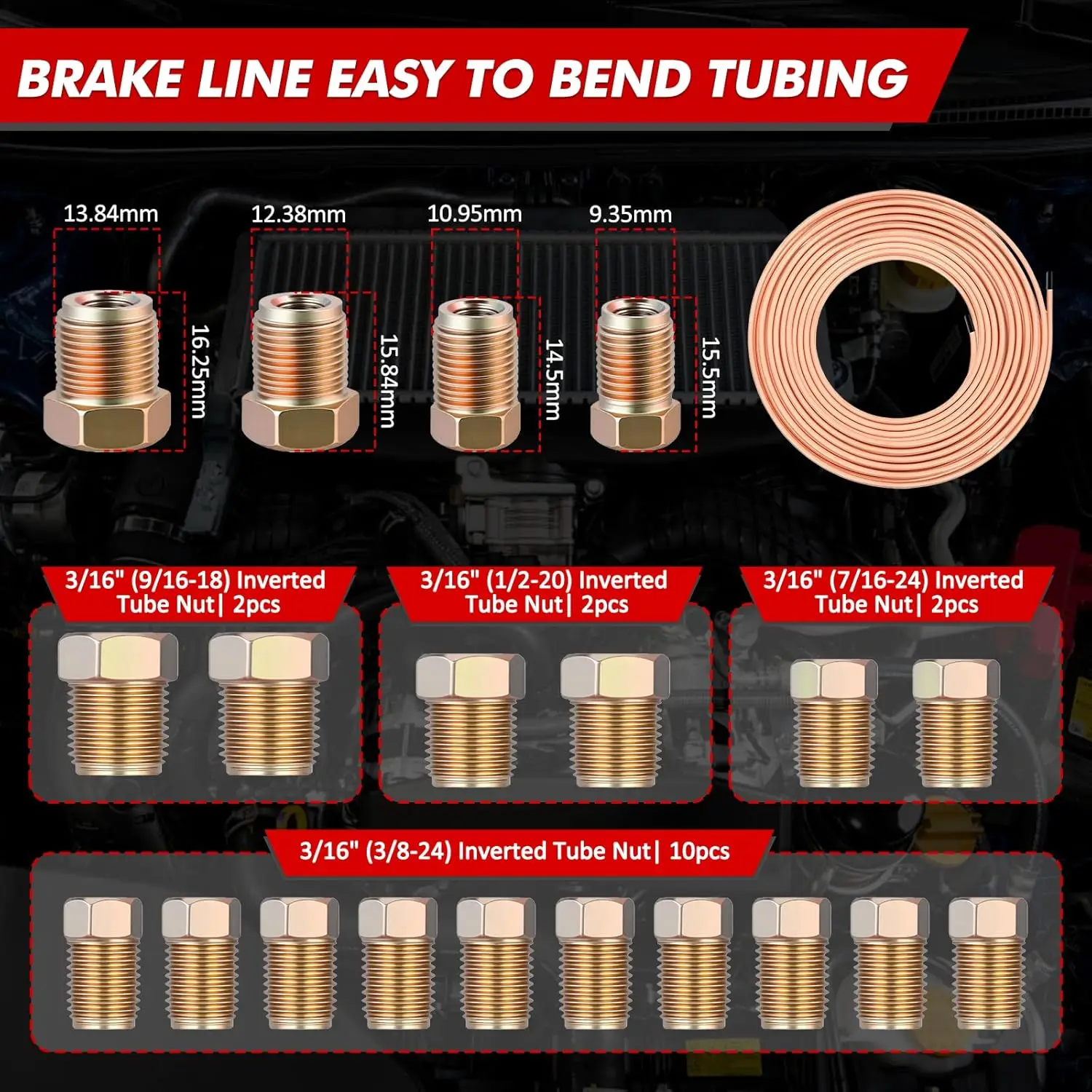 25Ft Brake Line Flaring Tool Set for Expanding Flaring Device Hydraulic Car Brake Systems Kits with 16 Fittings and 4 Connectors