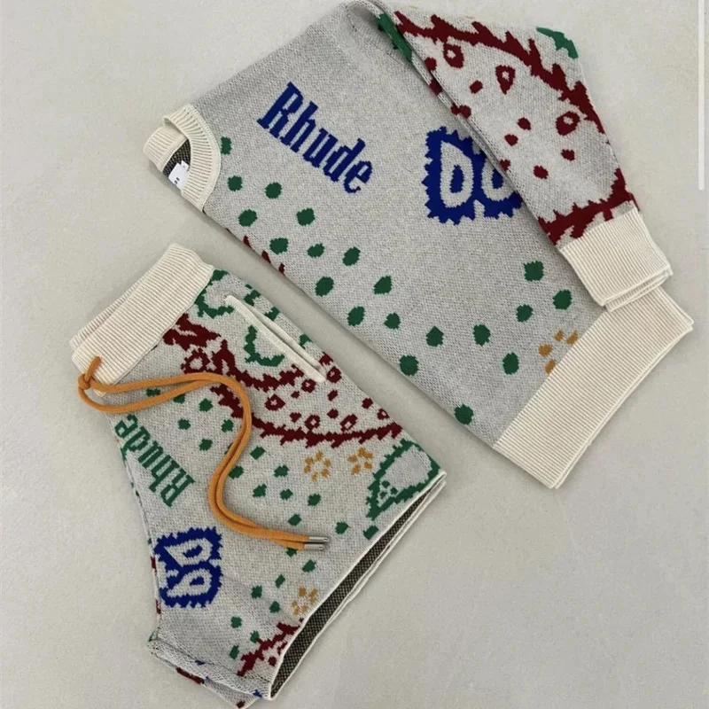 

23SS Rhude Sweater Cashew Flower Print Vintage Jacquard 1:1 High Street Round Neck Pullover Apricot S-XL Sweater Knitted shorts