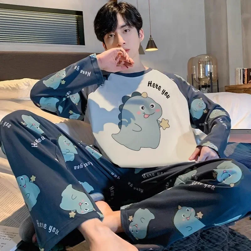 Pajamas Set of Men Cotton Long-Sleeved Simple Cartoon Dinosaur Sleepwear Homewear Students Two-Piece Nightwear Loungewear pajama sets