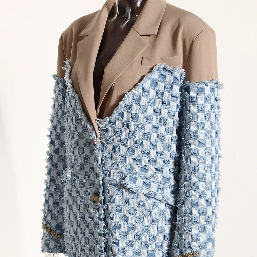 High-end Luxurious Designer Women's Wear Denim Splicing Blazer Coat Vintage Jacket Black Suit Plaid Burlap New