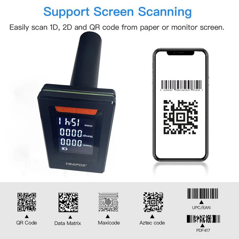 Barcode Scanner Bluetooth Screen Display 1D 2D USB Wireless for Library Classroom