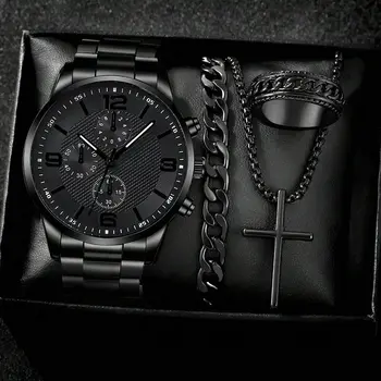 4PCS Business Men's Gift Box Watch Set Fashion Trend Quartz Watch Bracelet Necklace Ring Set Perfect Gift Set for Friends or Dad