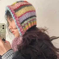 New Color Striped Ear Protector Balaclava Hat Winter Hand Crocheted Contrast Color Neck Tie Pullover Bean Cap for Women's 1