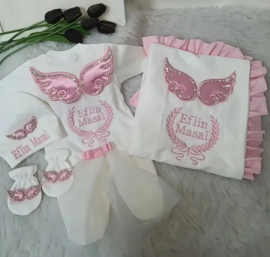 Hospital Exit Newborn Wings Romper & Swaddle Set - Embroidered Blanket and Nursery Bedding Collection