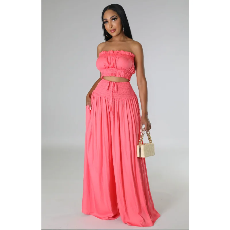 Fashion Casual Summer Two Piece Sets Womens Outifits Pleated Sleeveless Tops Wide Leg Pants Streetwear Party Clubwear missjoy women s summer sleeveless lace up irregular dress vintage straps solid pleated slim fit party slit midi dress