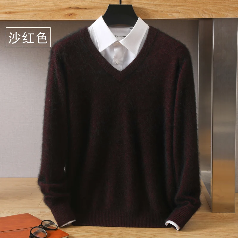 Turtleneck Sweater Men's Pure Mink Cashmere Sweater V-Neck Pullover Knitted Large Size Winter Longsleeve