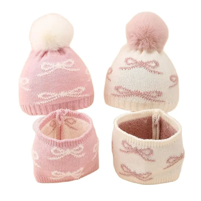 Winter Baby Hat Scarf Two-piece Set Jacquard Bows Plush Warm Suit Newborn Infant Woolen Hat Cute Baby Pompom 0-12months