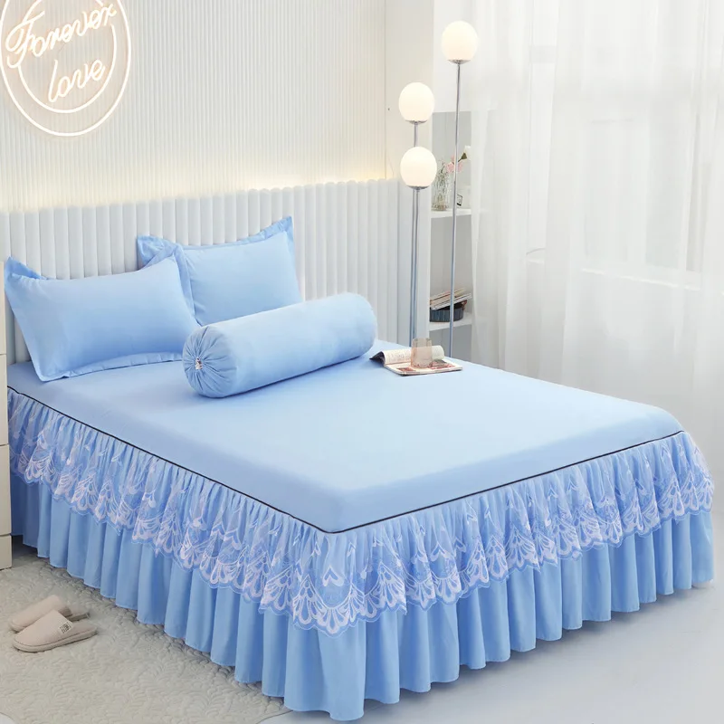 Falda De Cama Con Volantes Y 2 Fundas De Almohada - Juego De Sábana Bajera, Tamaño 150x200 Cm, Color Rosas Moradas
