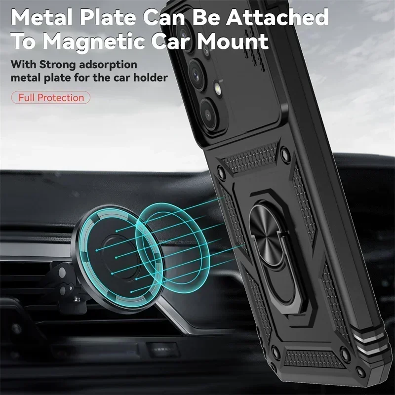 Military Grade Shockproof Phone Case with Slide Camera Lens Cover & Holder Ring Stand