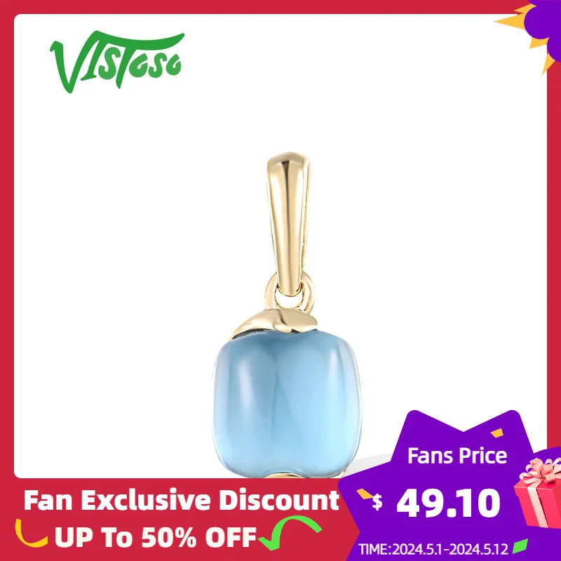 

VISTOSO Genuine 14K 585 Yellow Gold Pendant For Women Swiss Blue Topaz Solitaire Dainty Party Gifts Fine Jewelry Set Handmade