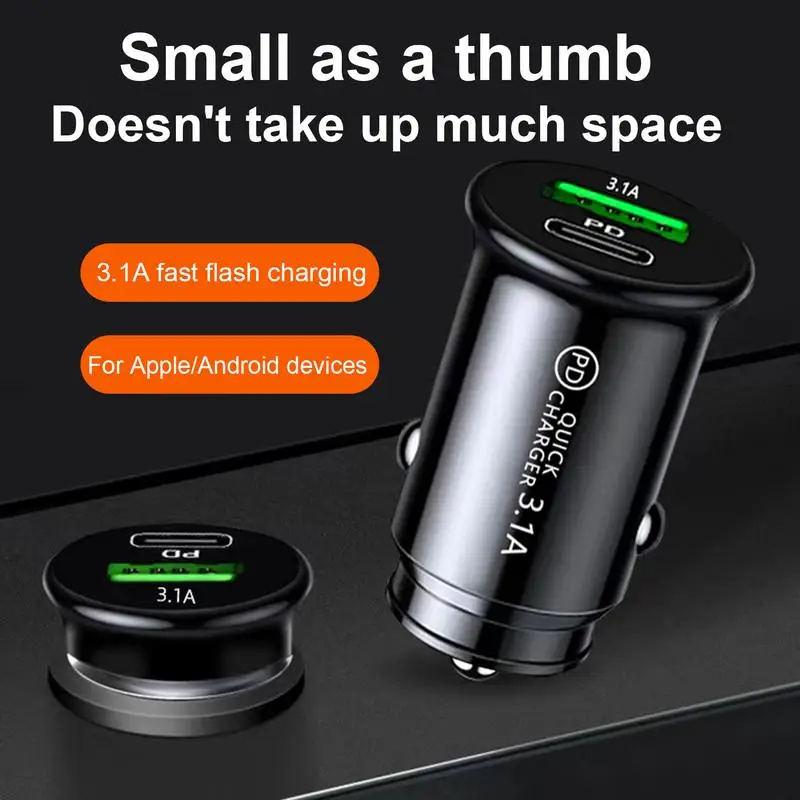 Car Charger Adapter USB A+C Type C Car Charger Adapter Auto ChargerLighter 3.1A Double-port Small Car Phone Fast Charging Plug