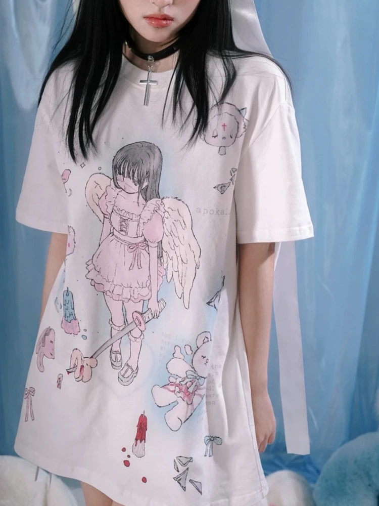 HOUZHOU kawaii sladké pouliční oblečení T kosile ženy japonský móda y2k grafické anděl tisk O krk volné tees topy měkké gril léto