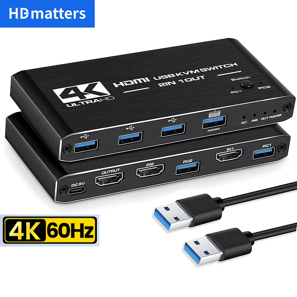 Commutateur KVM HDMI 2 PC 1 écran - 8K@60Hz, Partage Clavier/souris, Plug And Play