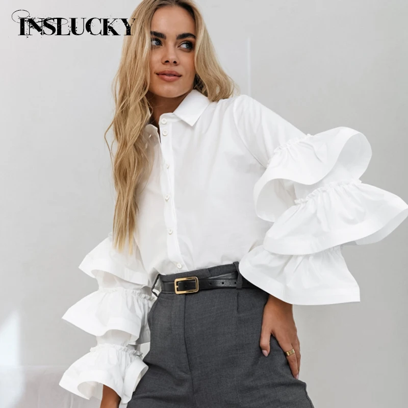 

InsLucky Fashion Elegant Ruffle Long Sleeve Women Blouse Solid Office Lady Shirt Tops Chic Turndown Neck Fashion Chiffon Shirts