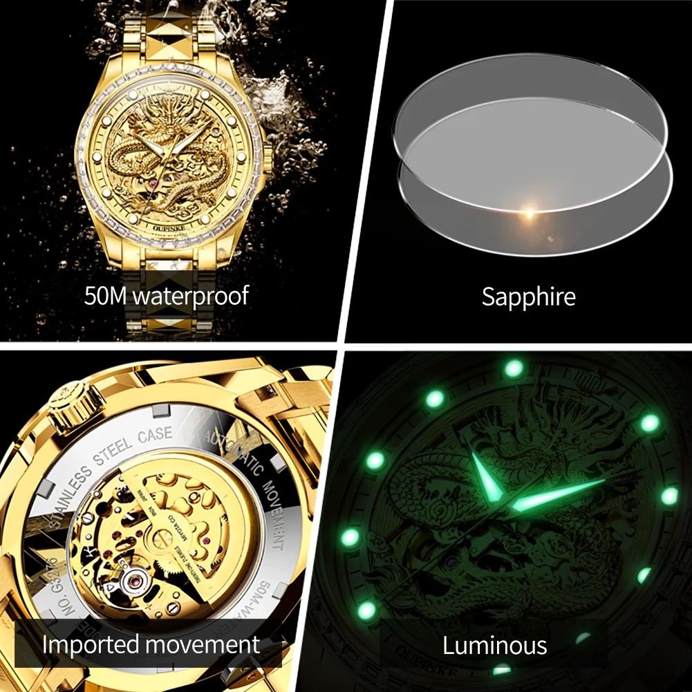 Original OUPINKE Brand Luxury Gold Dragon Automatic Watch for Men High Quality Diamond Watches Skeleton Mechanical Wristwatch